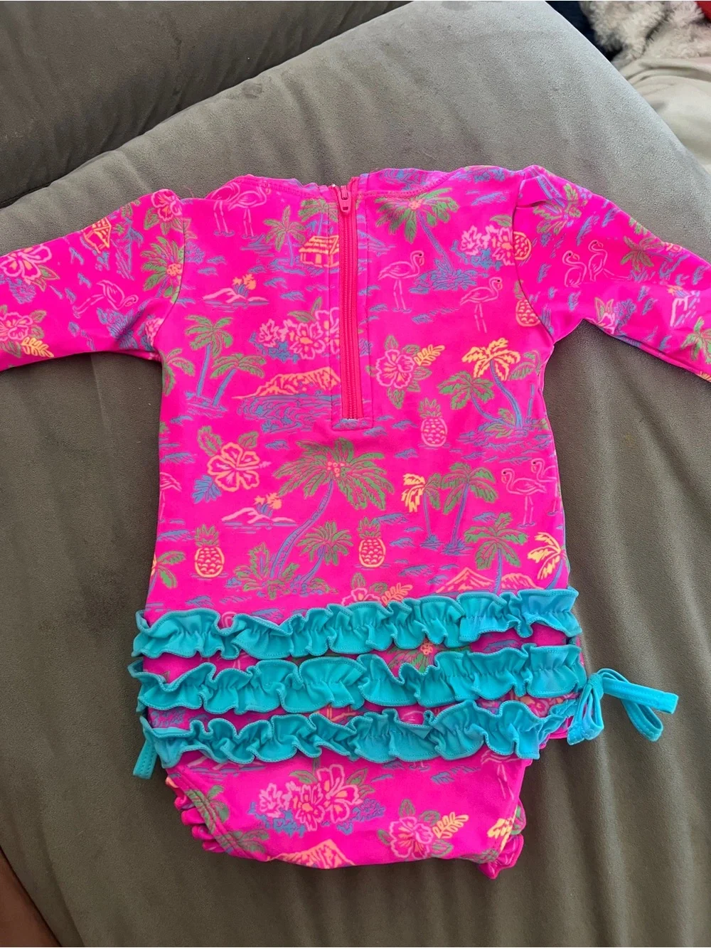 Ruffle Butts Bright Pink Tropical Print Kids Rashguard